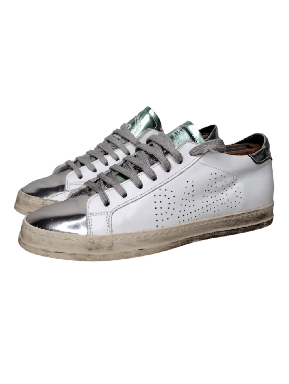 P448 John White Silver Metallic Leather Low-Top Sneakers Sz 8